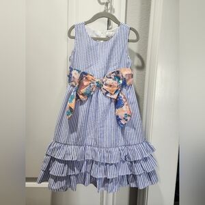 Blue and White Striped Kids Dress with Floral Bow